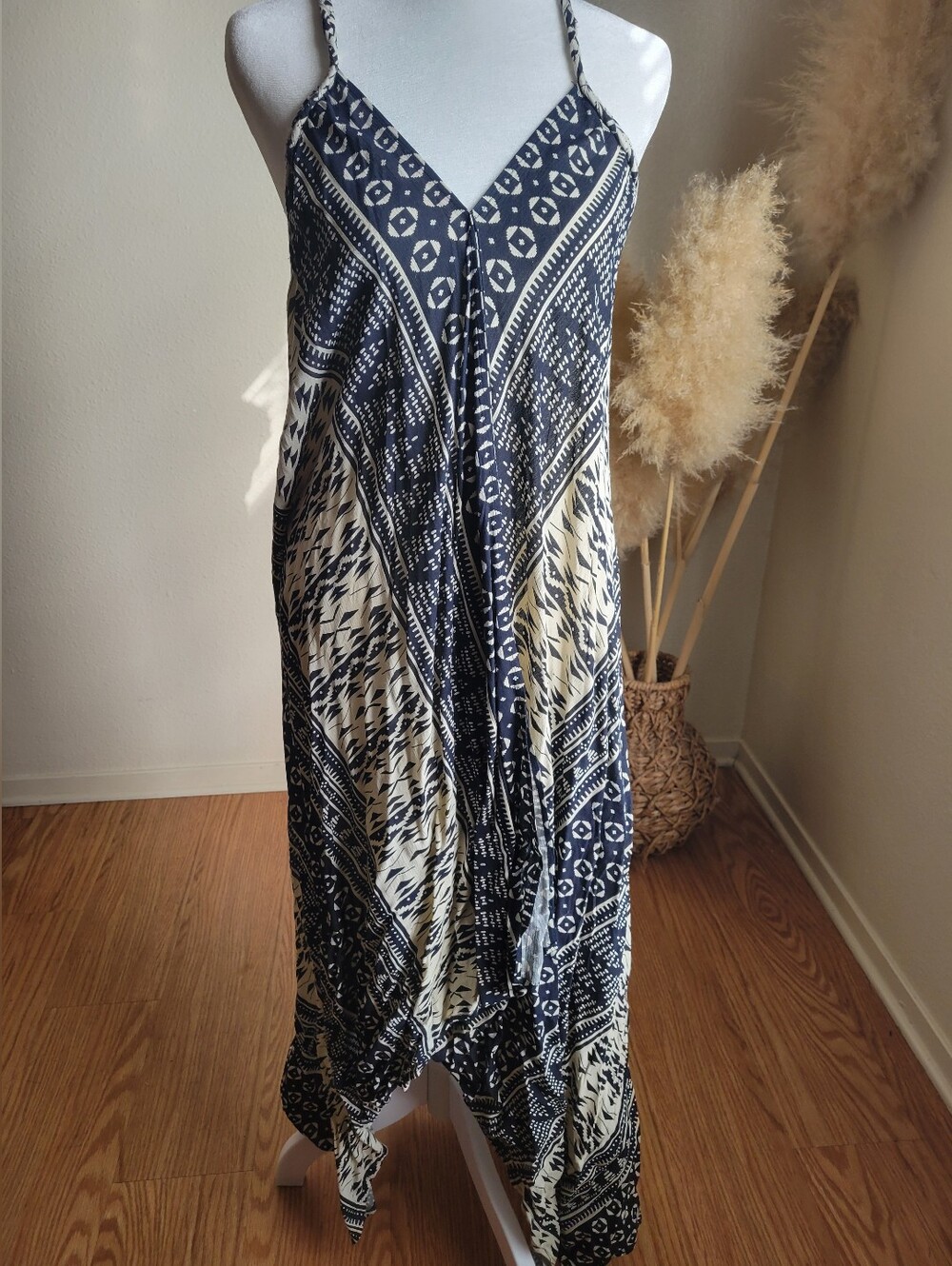 Y2K Asymmetrical Maxi Dress Contempo Casuals Size M Navy Blue/Tan Flowy Bohemian